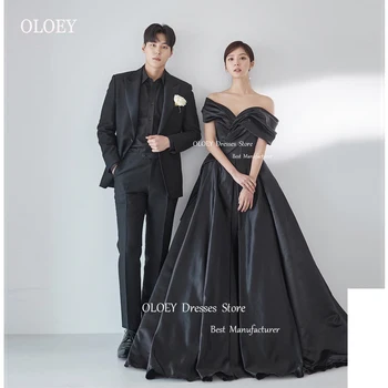 OLOEY Секси вечерни рокли в корейски стил с открити рамене, черни меки сатенени гънки, сватбена фотосесия, вечерни рокли за абитуриентски бал с корсет отзад