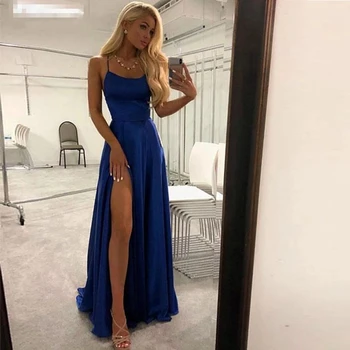 Кралски сини рокли за абитуриентски бал с прерязано 2023, Елегантно дамско вечер вечерна рокля за спагети презрамки, Vestidos Robe De Soiree