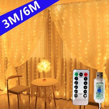 6x3 м led Приказни светлини, Венец, USB-лампа, пердета, гирлянди за коледната партита, Сватби, спални, градина, като Коледна украса на дома