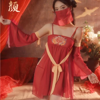 Реколта газова червена пола Hanfu с шарките на божур, елегантно дамско секси бельо, китайското традиционно в старинна рокля-прашка с ръкав-воал, комплект