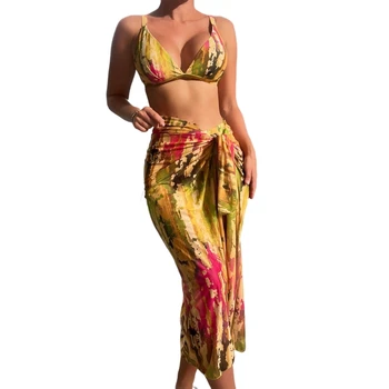 Женски бански костюм с флорални принтом и плажна пола, комплект от 3 теми, дамски летни бикини с високо деколте, бански костюми за спагети презрамки, бански костюми