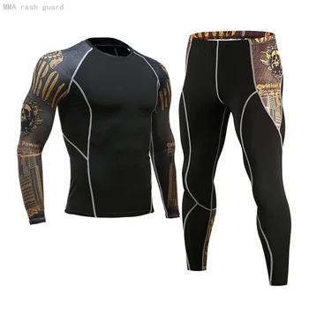 Мъжки компресиране риза от 2 теми, гамаши за фитнес, костюм за бягане, тениски с дълъг ръкав, спортен костюм rashgarda MMA, зимно топлинна бельо