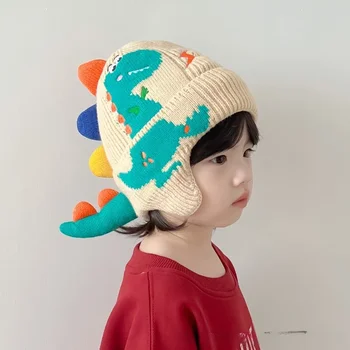Зимна топла капачка за защита на ушите за деца 2-6 години, скъпа вязаная хет-пуловер в стил динозавър