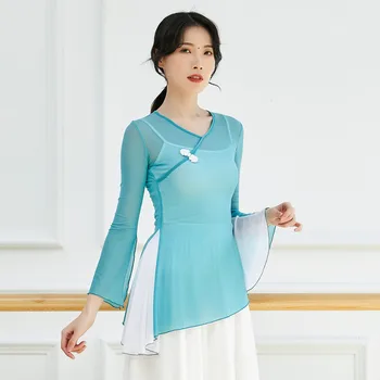 Газова риза за класически танци с V-образно деколте и дълъг ръкав, дрехи за занимания с китайски народни танци в контрастен цвят, блуза за модерни танци