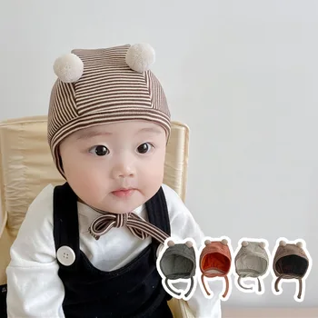 Корейската раирана детска шапка-ушанка Есен-зима, капачка за защита на ушите на новороденото, сладки шапки-бини с помпоном за момчета и момичета дантела