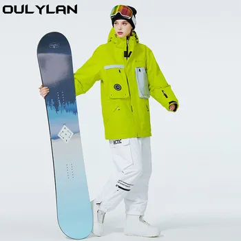 Ски костюм за жени, Одноплатный ски костюм с качулка, мъжки зимни топли дебели Водоустойчив Ветрозащитный комплект ски дрехи, якета, панталони