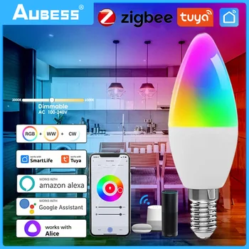 Умни лампи SASHA Zigbee E14 RGB + CCT 100-240 В 5 w. с регулируема яркост на Led Лампи Гласов Контрол Чрез Алекса Google Home Yandex Алис