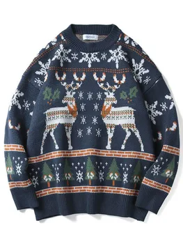 Грозен Коледен пуловер с кръгло деколте, Вязаный топ с елени в стил Харадзюку, Мъжка проститутка, дрехи големи размери, Дамски пуловери за двойки, Есенен пуловер памук