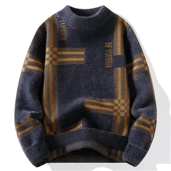 Есенно-зимния нов моден тренд 2023, пуловер с кръгло деколте, мъжки ежедневни широки удобни висококачествени дебели пуловери голям размер