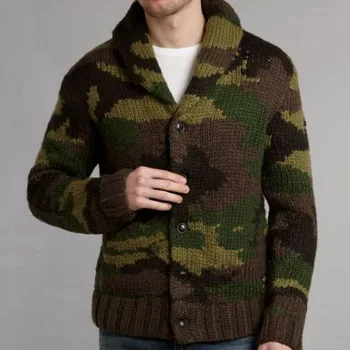 Нови мъжки якета, есенни и зимни камуфляжные жакард пуловери, жилетки, плътно прилепнали плетени палта с ревери за мъже