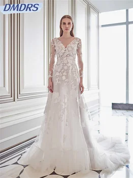 Елегантна сватбена рокля в стил Бохо от тюл 2024, Елегантна рокля трапецовидна форма, с дълъг ръкав, секси рокли в пода с дълбоко V-образно деколте, Vestidos De Новия
