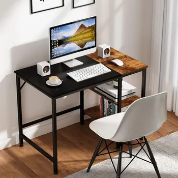 Компютърно бюро за домашния офис, Малко бюро, за да учат с дървени рафтове за съхранение, Двустепенна промишлен маса за лаптоп Morden с