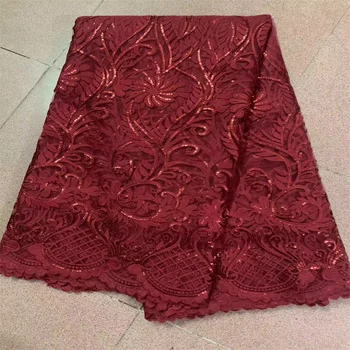 Френска лейси кърпа с червени пайети 2024 зелен цвят Благородна лейси тъкани от тюл в нигерия стил и африка с пайети за вечерните рокли