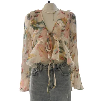 Градинска тънка блуза с V-образно деколте и накъдрен, реколта Елегантни ризи с дълги ръкави, шикозни дамски блузи с флорални принтом, новост