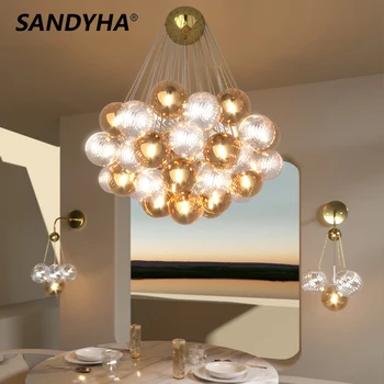 Полилей SANDYHA в скандинавски стил, амбър стъклена топка, окачена лампа, декорация на дома, хол, трапезария, стълбища, осветителни тела, Led De Techo