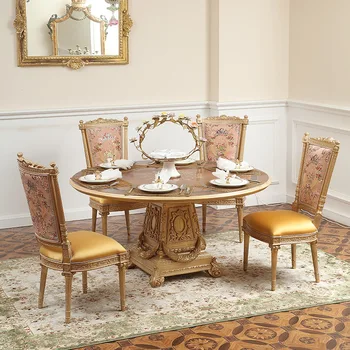 Френски мебели 1,4 метра елитния луксозен кръгла маса в европейски стил с дърворезба, маса за хранене и стол в комбинация
