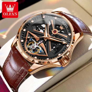 Механични часовници OLEVS Skeleton Tourbillon, мъжки ръчен часовник от луксозна кожа, водоустойчив, светещи Reloj Hombres