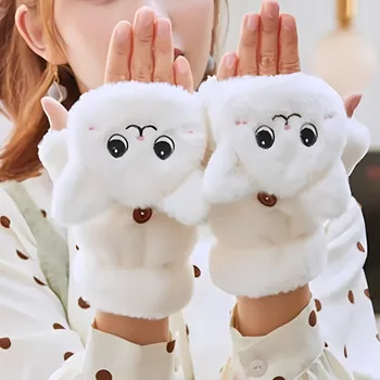 Модни Дамски плюшени Топли ръкавици От кожа Заек, Котка ръкавици, Флип-ръкавици без пръсти, Меки ръкавици за момичета, Гъвкави Зимни Полупальцы