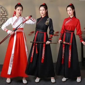 Китайското рокля Hanfu, дамски потници в традиционния етнически стил, поли, дрехи с колан, мъжки бродерия, костюми рицар ушу Кунг-фу за cosplay.