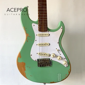 Електрическа китара Acepro ръчно изработени, реликва зелен цвят, корпус от елша, китара с безплатна доставка, в наличност