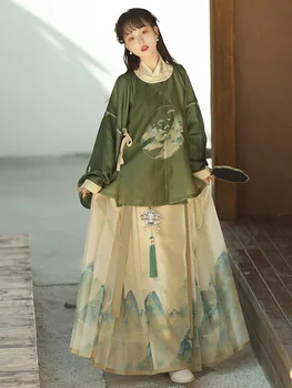 Оригинален женски зелен халат hanfu с ярък кръгла яка, пола с лошадиным лице и свеж принтом за всеки ден през пролетта и лятото