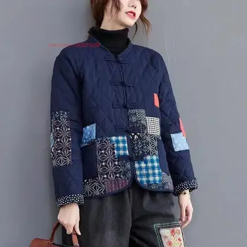 Китайското винтажное палто 2024, върхове hanfu, лоскутная яке с традиционните флорални принтом, топло яке с памучна подплата, ориенталски костюм от епохата на тан
