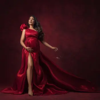 Червена рокля за бременни на едно рамо за Фотосесия, Копринен Сатен, Халат С Висока Цепка, Сватбена на Макси рокля vestido de новия