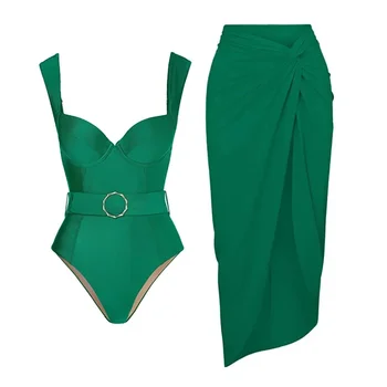 2023 Новият ретро-sling-колан, зелен цял бански и пола, Летни бански костюми, дамски плажно облекло, бански костюм