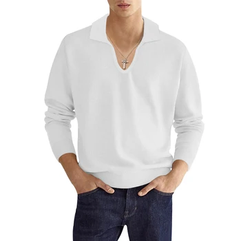 Модерен мъжки тениски, ежедневни свободна тениска с дълъг ръкав, пуловери с U-образно деколте, блуза, блузи, мъжки дрехи