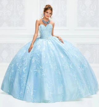 Небето-синьо Евтини буйни рокли-бална рокля с аппликацией от тюл във формата на сърце, расшитое мъниста, Буйни Сладки 16 рокли