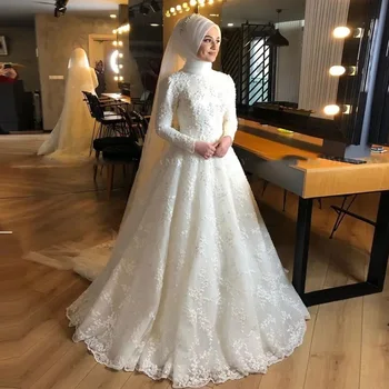 Мюсюлманските Бели сватбени рокли за булката 2023 с кръгло деколте и дълъг ръкав, Елегантни Дантелени сватбени рокли