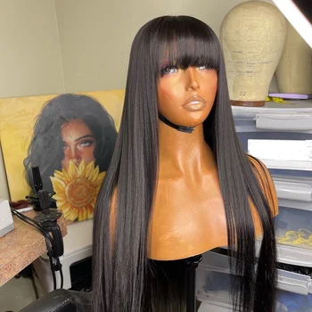 Натурален черен директен машинен перука с дължина 26 инча с бретон за черни жени от высокотемпературного меки влакна за cosplay, без лепило всеки ден