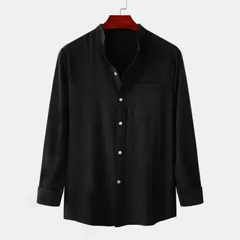 Однобортная риза Мъжки пролетно-лятна колекция ежедневни ризи, яка стойка, дълъг ръкав, работно облекло свободно cut с кръгло деколте в ретро стил