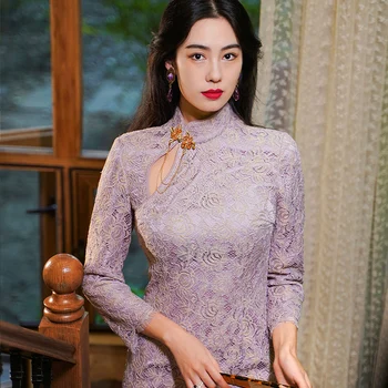Дамски дрехи Simeizi Hanfu в Национален стил Лавандула Чонсам 2023 Пролет и Есен Ново Подобрено Дълга рокля за Самоусъвършенстване