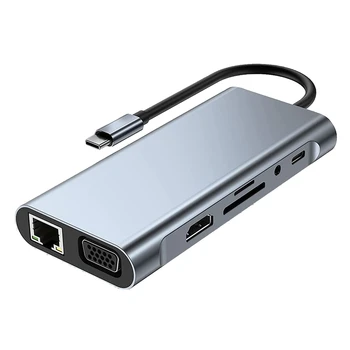 1 Брой 11 В 1USB C HUB Зарядно устройство За четене на карти SD/TF карта С 4K-Съвместим Порт, VGA, USB 3.0, Type C PD, RJ-45 Ethernet