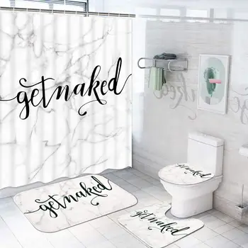 Комплекти завеса за душ с нескользящим подложка, капак на тоалетната чиния, подложка за баня, сиво-бяла мраморна текстура, водоустойчив комплект за пердета за баня