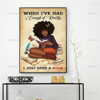 Афро-Момиче Плакат, Аз Просто Отворих Книгата, Афроамериканка, Обичам Да Чета, Любителите На Книги Начало Декор Щампи Стенно Изкуство Платно Подарък