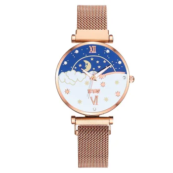 Tendencia De Mujer 2023 Дамски часовник с индивидуален кожена каишка, нови модни часовници със слънце, Луна, звезда, пайети, ежедневни дамски часовник