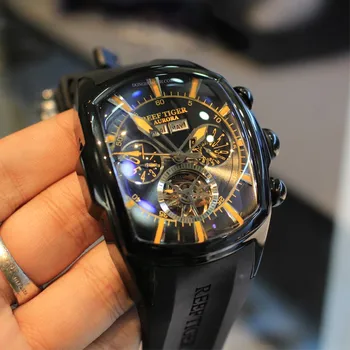 Луксозни часовници Reef Тигър / RT Мъжки Аналогови Автоматични Часовници с Турбийоном, Спортни Ръчен часовник От Розово Злато С Гумена каишка RGA3069