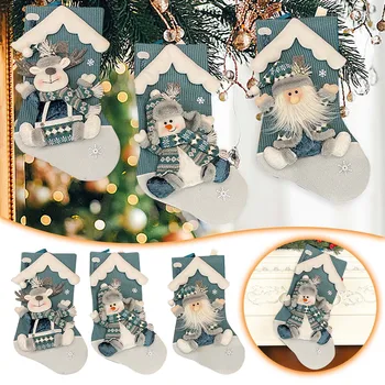 Коледни чорапи с голям капацитет, декоративен подарък пакет за Коледа с дизайн на Дядо Коледа, Синята кристален венец за украса