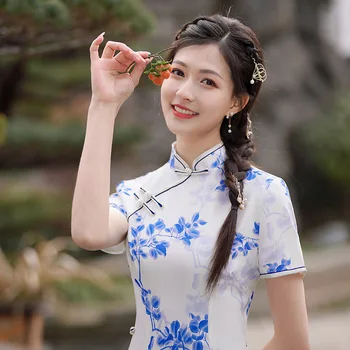 Реколта дамски ежедневни облекла Qipao в китайски стил с къс ръкав за партита Vestido Секси Рокля