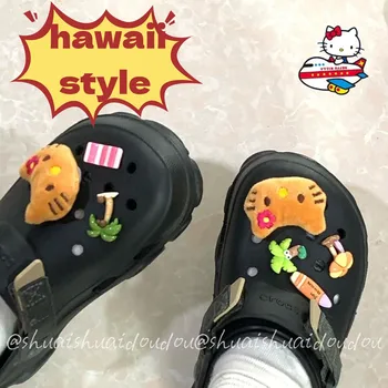 Черна Кожа Hellokitty Hawaii Limited Стил Приморски Почивка Аниме Катарами За Обувки Мультяшные Сандали Сабо Аксесоари Kawaii Играчка За Подарък
