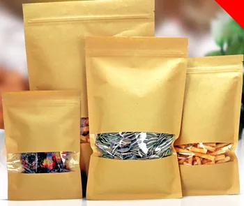 50шт кафяви торбички от крафт-хартия с цип за кафе и хранене с прозорец, чанта с цип за съхранение на продукти от най-високо качество